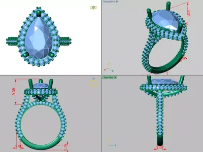 full pave pear shape halo ring with diamonds around the shank  3D print model