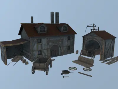 Medieval Cart Workshop  Low-poly 3D model