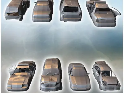 Set of four post-apocalyptic vehicles with a police car and vehi 3D print model