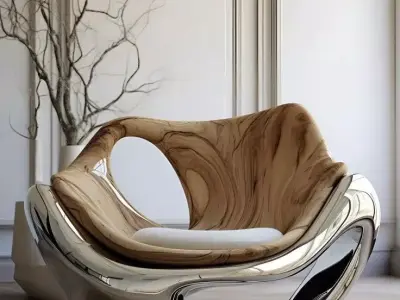 Futuristic Armchair Polished Metal Wood Sculptural Chair 3D Low-poly 3D model