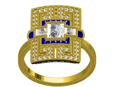 Blue Sapphire Diamond Art Deco Ring 3D print model
