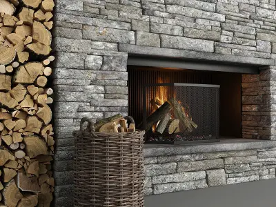 Stone Fireplace and Decor 3D model