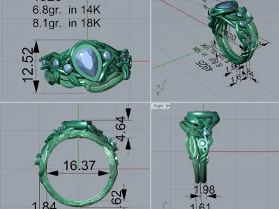 Ring with pear bezel head leaves and branches and band 4925 3D print model