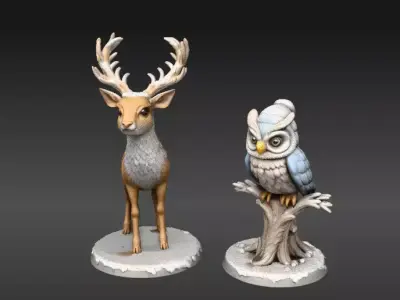 Deer Owl 3D Printable Figurines Winter Animal 3D Printable Low-poly 3D model