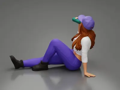 Tired woman mechanic in cap sitting and drinking water 3D print model