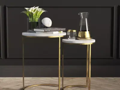 Round Nesting Side Tables Set - Marble Antique Brass 3D model