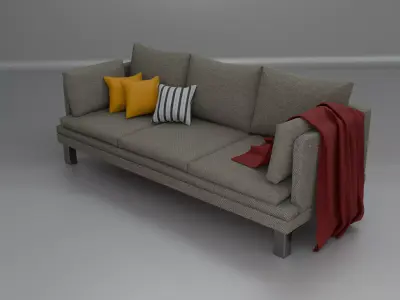 Modern Grey Fabric Sofa with Throw Pillows and Blanket Free 3D model