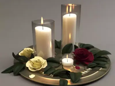 Decorative Set three candles and roses on tray Free 3D model