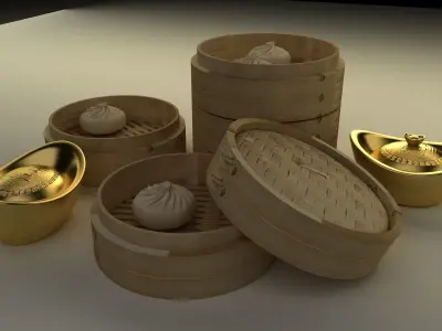 bamboo steamer and Yuanbao 3D model