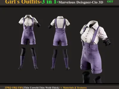 3 in 1 Girls Outfits- MD-Clo3d -OBJ - FBX -Materials-OFF 3D model