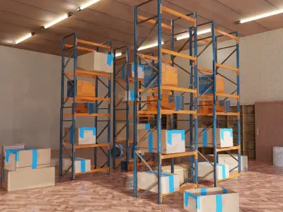 Warehouse full of boxes and Koenigsegg rigged car 3D model