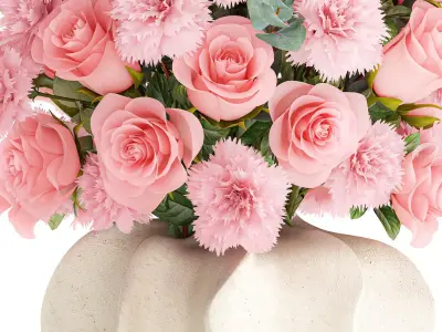 Realistic bouquet pink flowers carnation rose vase decor 3D model