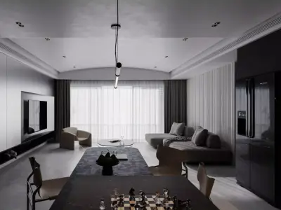 Modern Minimalist Living Room 3d and Kitchen Interior 3d Model Low-poly 3D model