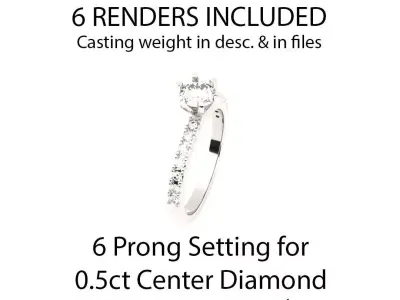 6 Prong Classic Engagement Ring w Pave Side Stones ENGCP01 STL 3D print model