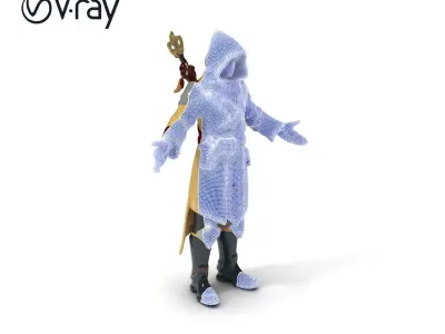 Medieval Mage D Character Model with Hooded Robe and Staff Low-poly 3D model