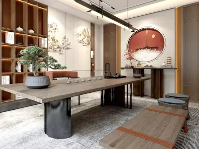 Chinese tearoom study room Low-poly 3D model