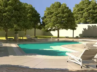 waterpool swimming pool with lounge chairs and trees 3D model