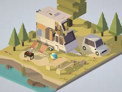 isometric camping van car with barbecue on nature Low-poly 3D model