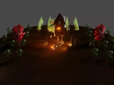 3D Rain Forest Scene Animated With Animals And Haunted Hut Low-poly 3D model