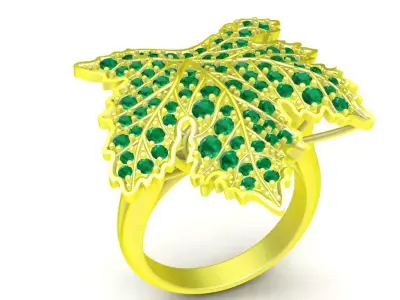 Luxury Maple Leaf Emerald Pave Ring for Women 105a 3D print model