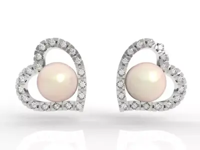 Elegant Pearl Heart Stud Earrings Diamond 3D print model