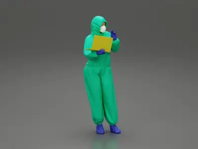 woman wearing antivirus suit standing and holding a laptop 3D print model