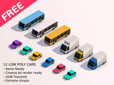 Low Poly Cars free polygonal and buses Low-poly 3D model