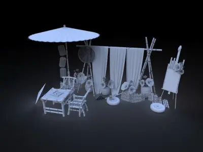 Chinese style beautiful Chen umbrella bamboo table and chair 3D model