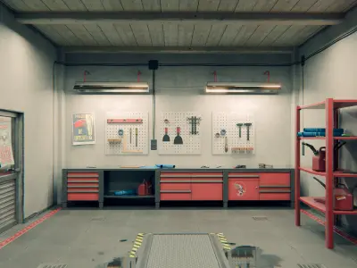 Auto Workshop interier optimized Free low-poly 3D model