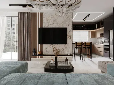 Luxury Modern Flat Reception - Dining And Kitchen  3D model