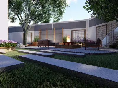 Backyard landsacpe design of modern house with fireplace 3D model