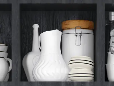 Kitchen set dishes on shelf 3D model