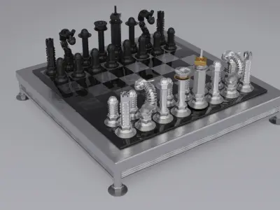 Chess stylized set pieces and board 01 Low-poly 3D model