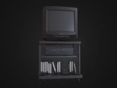 CRT Television with TV stand VCR player and VHS tapes Low-poly 3D model