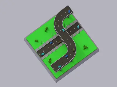 Highway Road and Bridge with Cars Low-poly 3D model