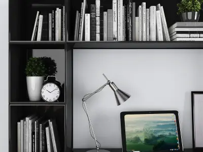 Workplace set home office desk with bookshelves Low-poly 3D model