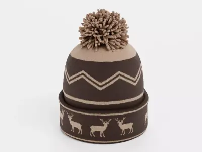 Winter Hat V6 - Brown Knit Beanie with Pom-Pom and Deer Pattern 3D model