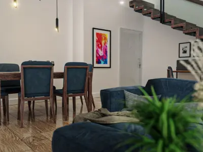 Realistic Room living and dining with stairs 3D model