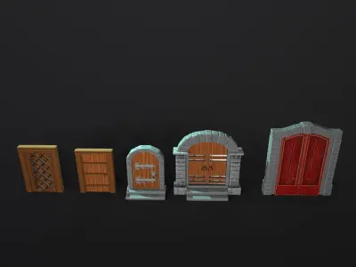 Medieval stylized doors and windows pack low poly PBR game asset Low-poly 3D model