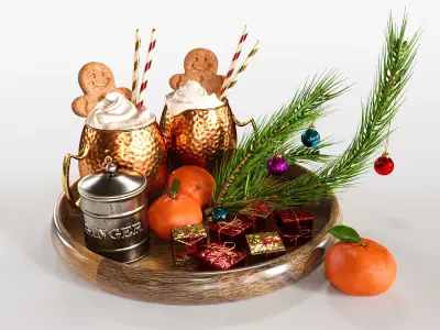 Drinks on a tray with gingerbread 3D model