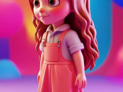 Radiant Cartoon Girl 3D Character Wavy Hair Pink Overalls Low-poly 3D model
