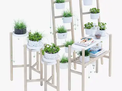 Satsumas wooden plant stand with potted plants 3D model