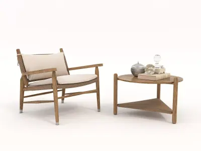 Wooden Table and Armchair set 3D model