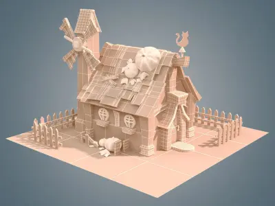 house with pumpkins and windmill 3D model