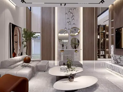 Modern sketchup  interior living room with kitchen  3D model