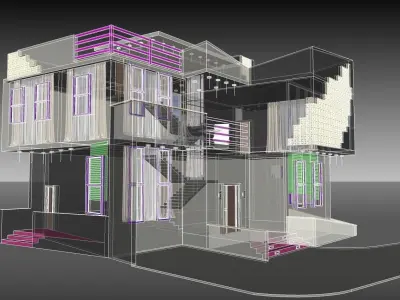 residential modern house with birds flying in sky 3D model