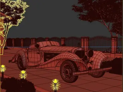 3d scene  luxury house with classic old car 3D model