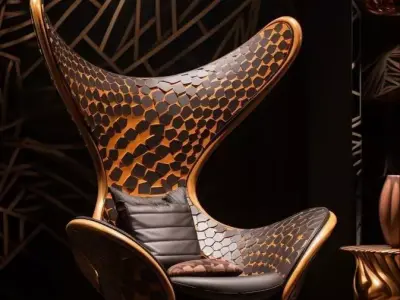 Luxury Wingback Chair Geometric Patterned Armchair Gold Trim 3D Low-poly 3D model