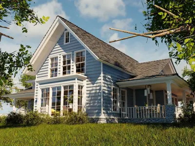 Classic style porch house with furniture Low-poly 3D model