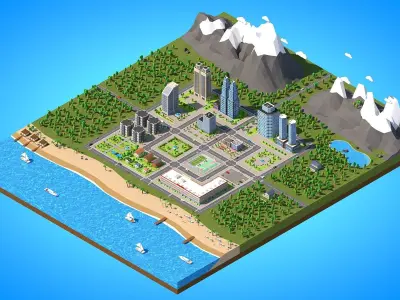 Low Poly City with mountains and water Low-poly 3D model